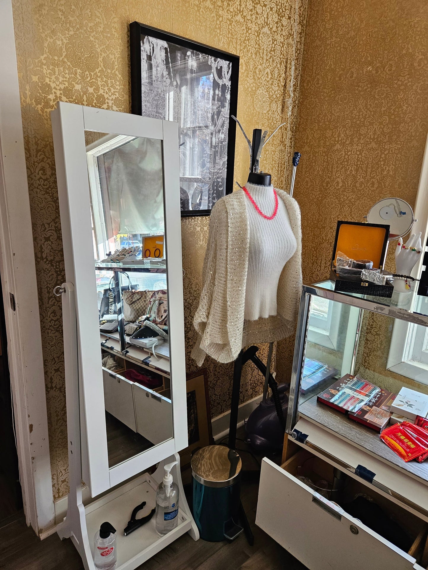 Shoulder Bag - Black with Geometric Leaf Pattern