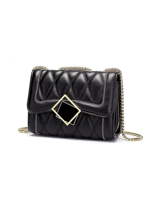 Clutch - Black Stitched with Lattice Shoulder Chain