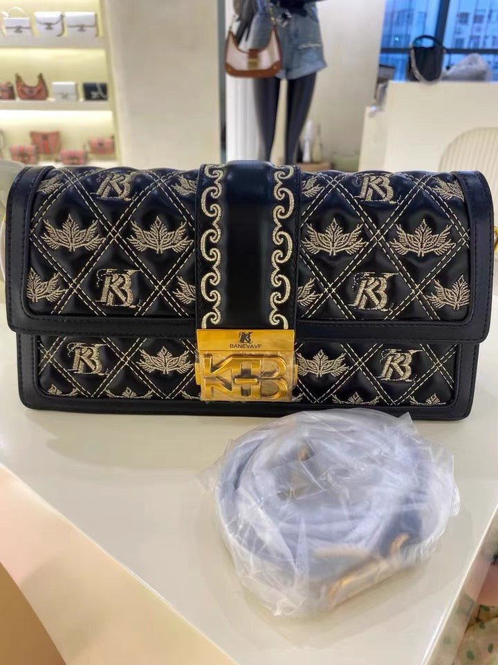 Shoulder Bag - Black with Geometric Leaf Pattern