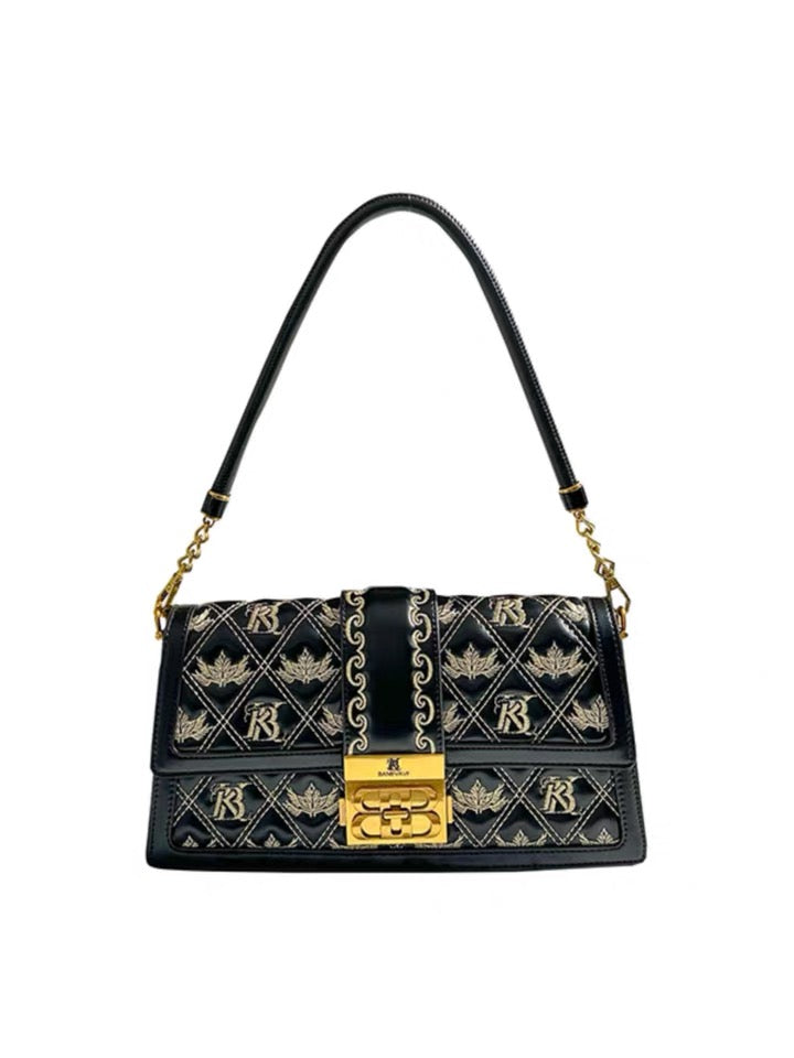 Shoulder Bag - Black with Geometric Leaf Pattern