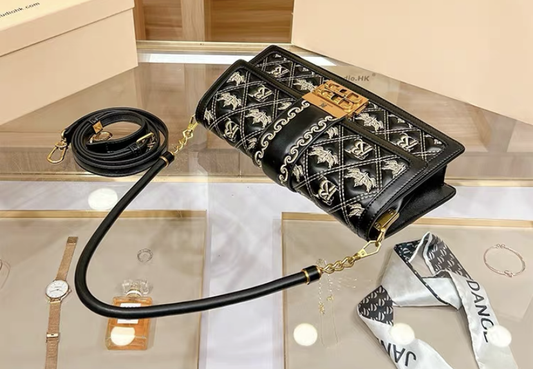 Shoulder Bag - Black with Geometric Leaf Pattern