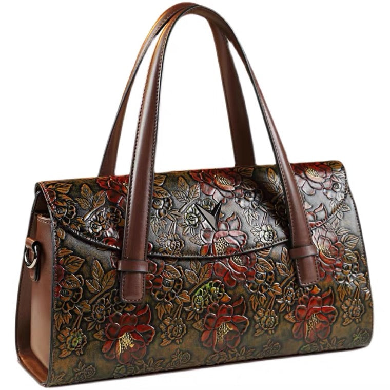 Handbag - Reddish Brown - Embossed Flower Pattern