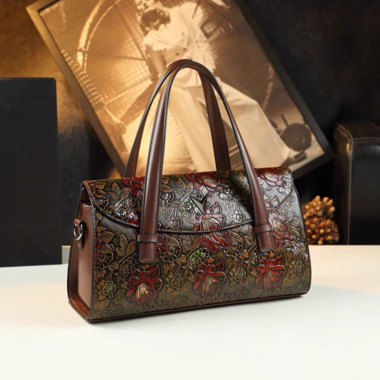 Handbag - Reddish Brown - Embossed Flower Pattern