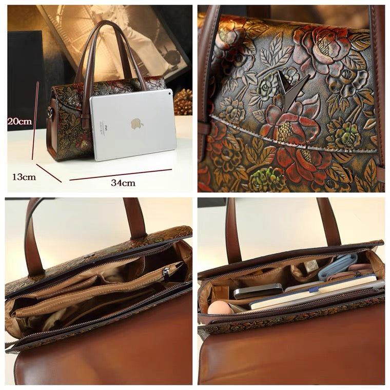 Handbag - Reddish Brown - Embossed Flower Pattern
