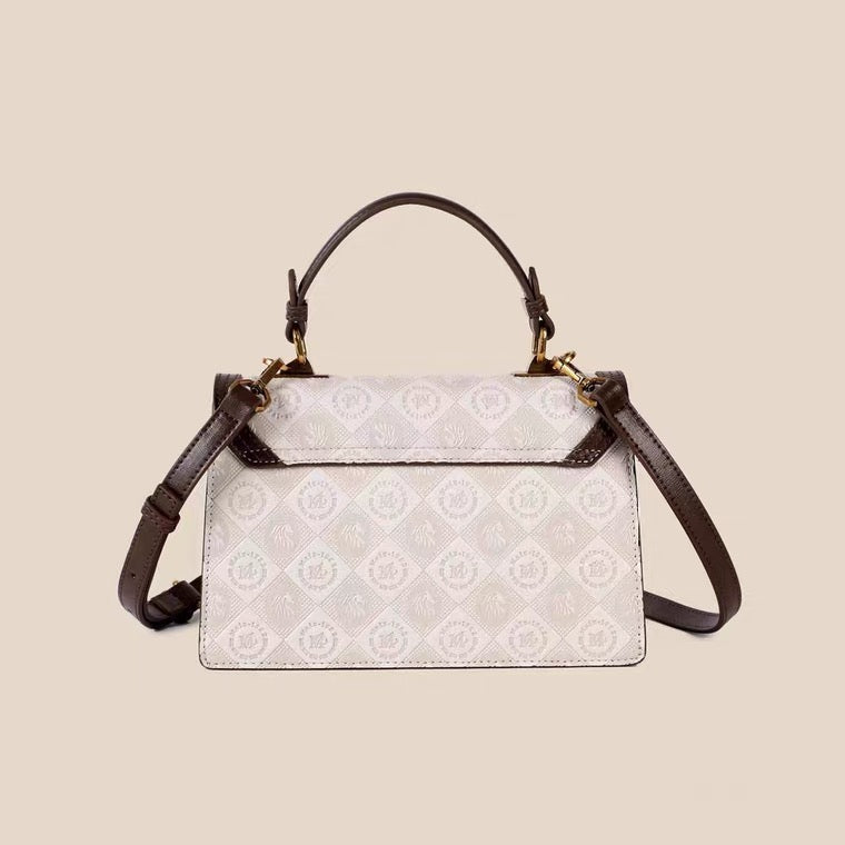 Handbag - White Embossed Pattern - Brown Trim