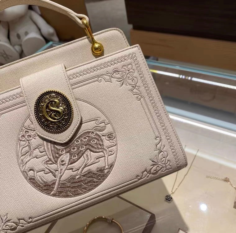 Clutch - Embroidered Canvass - Beige with Embossed Deer