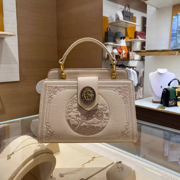 Clutch - Embroidered Canvass - Beige with Embossed Deer