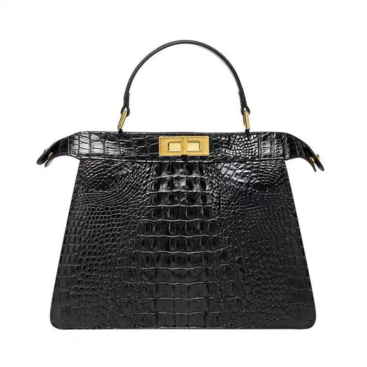 Handbag - Large - Black Crocodile Skin Motif