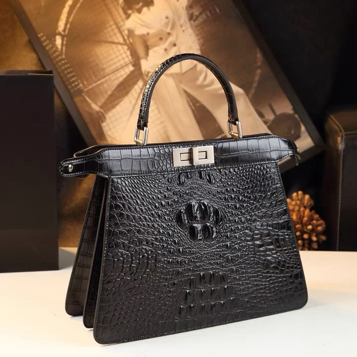 Handbag - Large - Black Crocodile Skin Motif