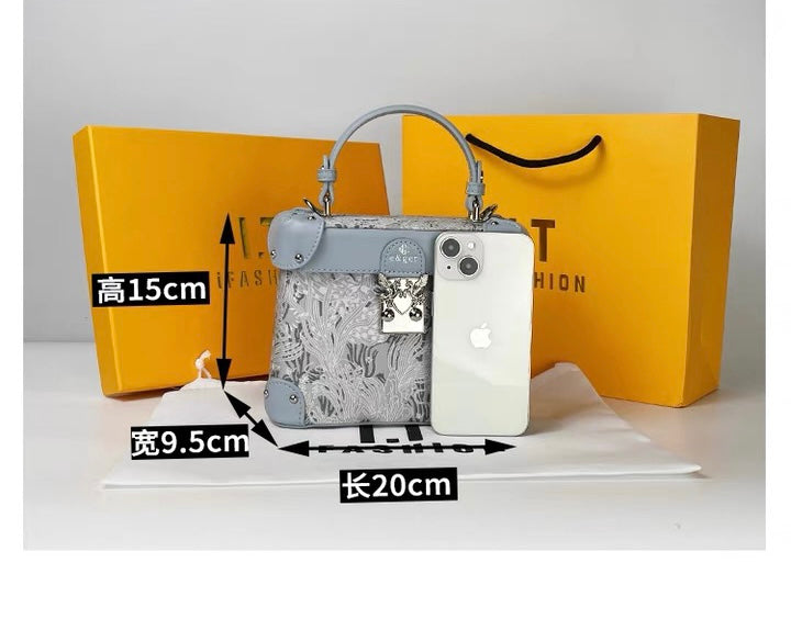 Clutch - Blue Leather Trim Box - Nature Pattern