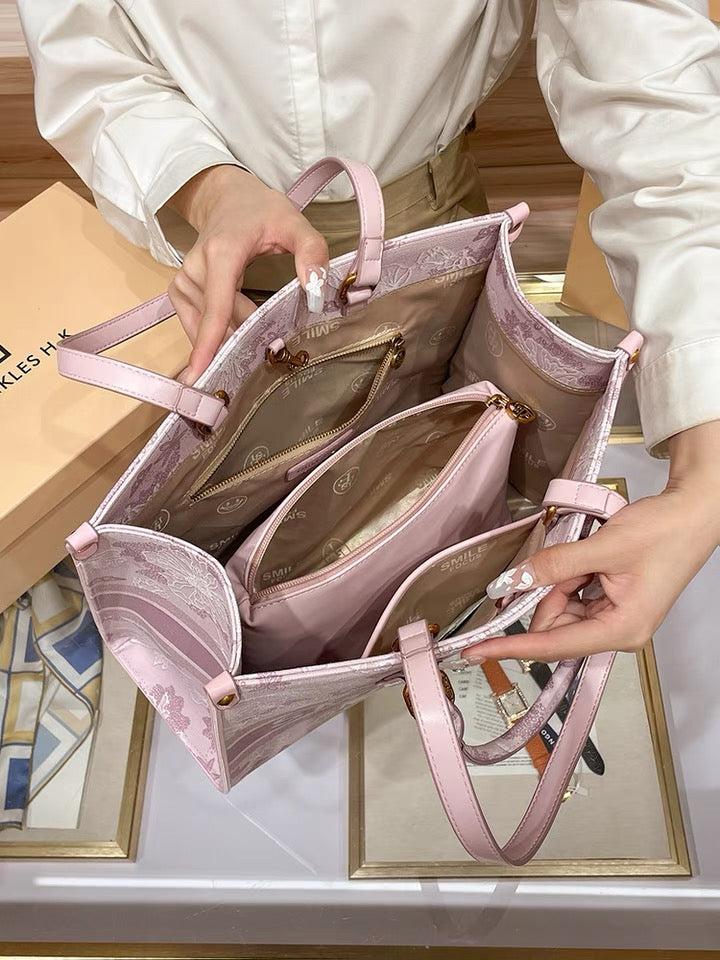 Shoulder Bag - Large - Pink (or grey) Leather Embroidered Motif