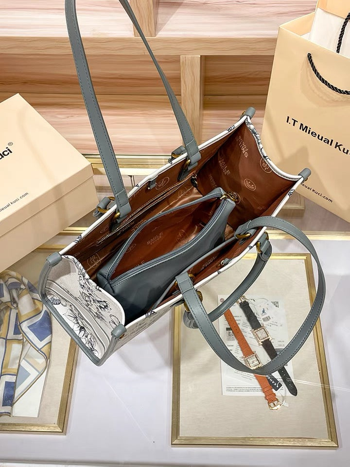 Shoulder Bag - Large - Pink (or grey) Leather Embroidered Motif