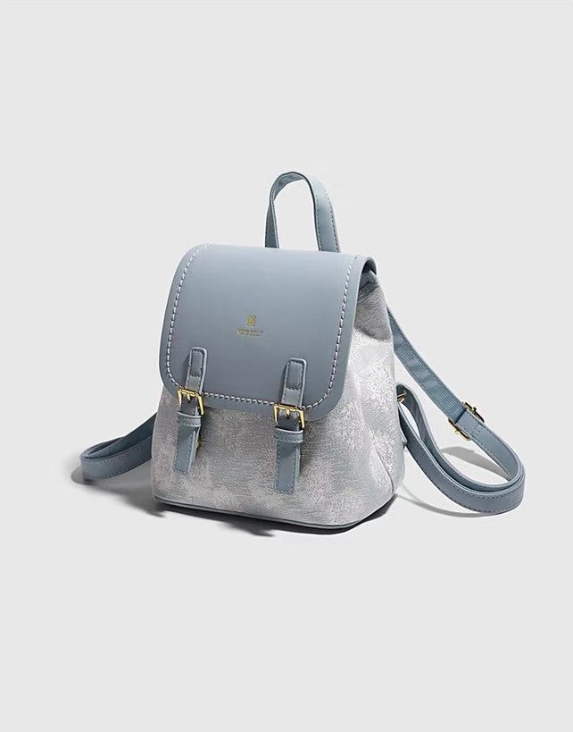 Shoulder Bag - Embroidered Pattern - Light Blue Trim