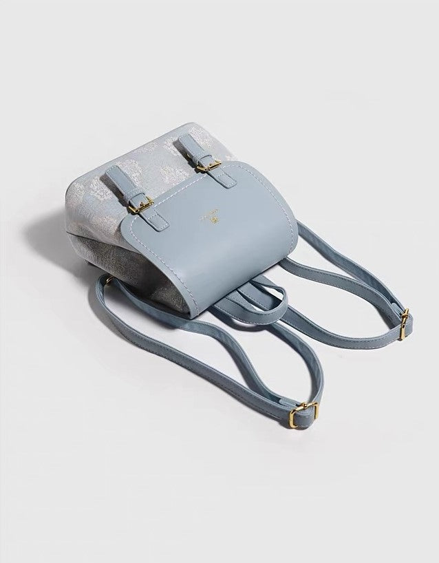 Shoulder Bag - Embroidered Pattern - Light Blue Trim