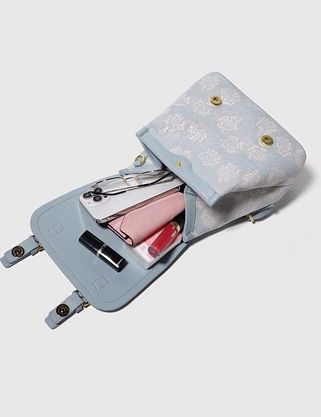 Shoulder Bag - Embroidered Pattern - Light Blue Trim