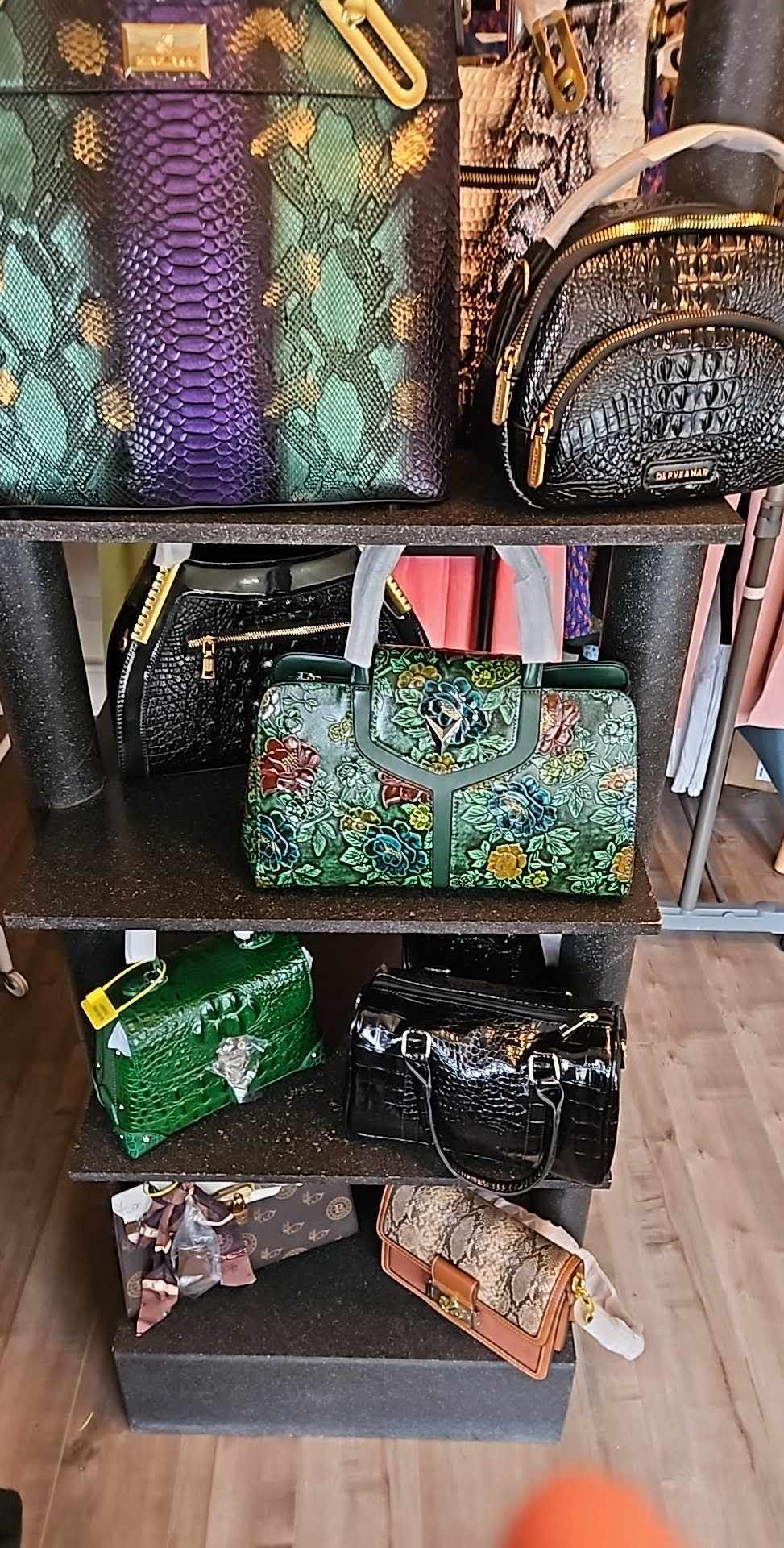 Shoulder Bag - Black with Geometric Leaf Pattern